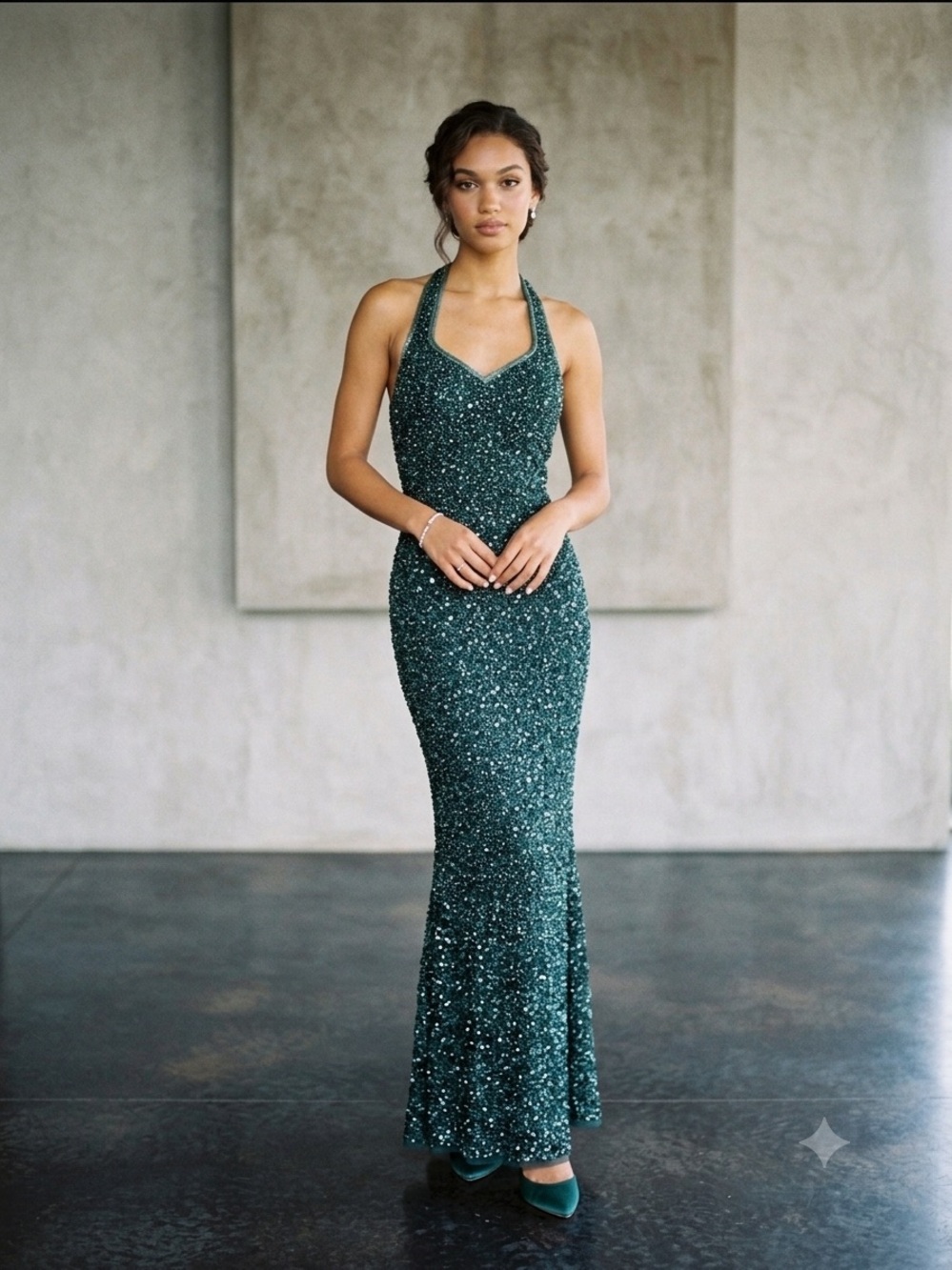 Scala Vintage Silk Beaded Halter Dark Green Maxi Gown Dress Size XL